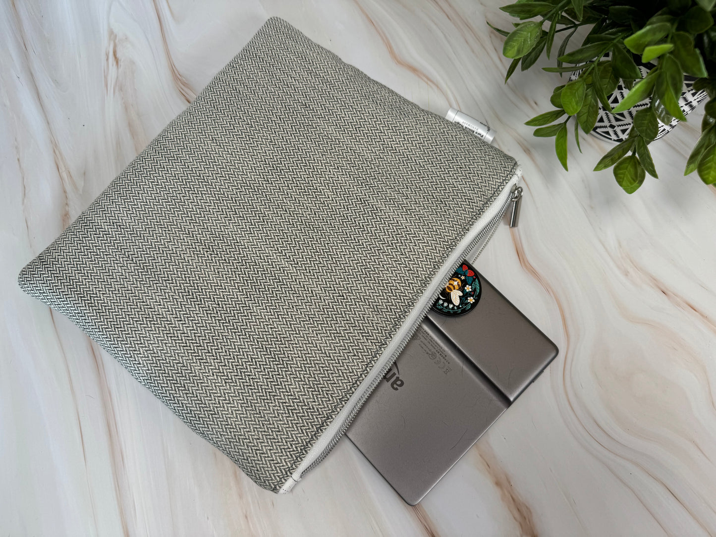 Gray Herringbone Plush Zipper Bag- Medium