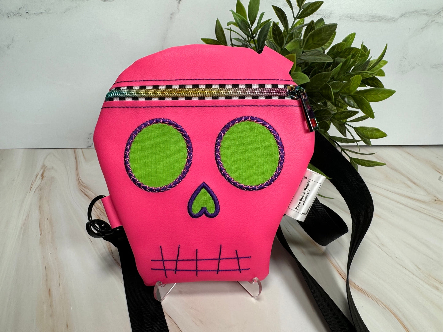 Embroidered Skull Crossbody Bag- Hot Pink