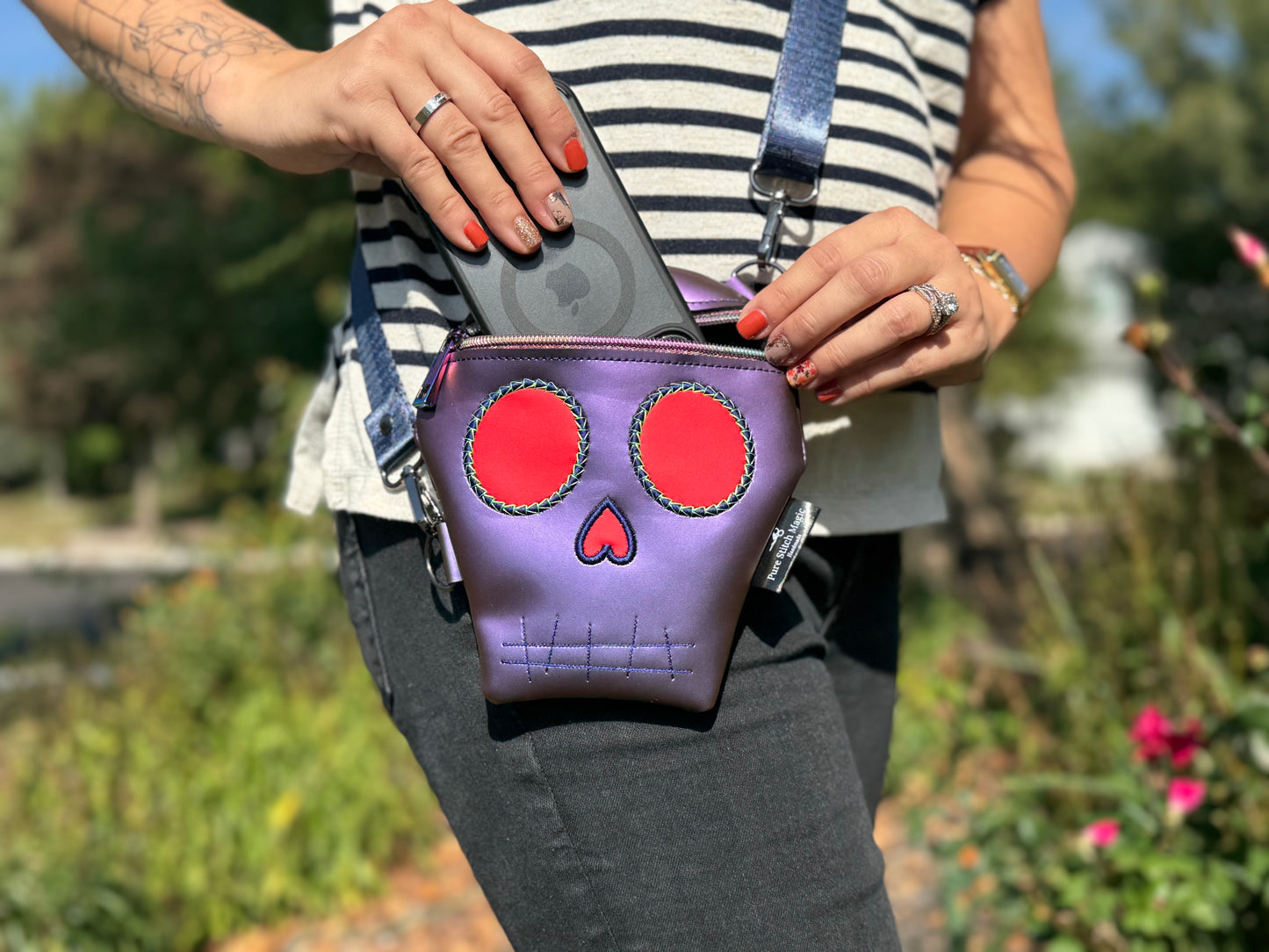 Embroidered Purple Skull Crossbody Bag
