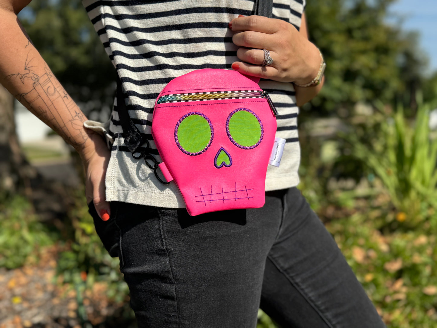 Embroidered Skull Crossbody Bag- Hot Pink