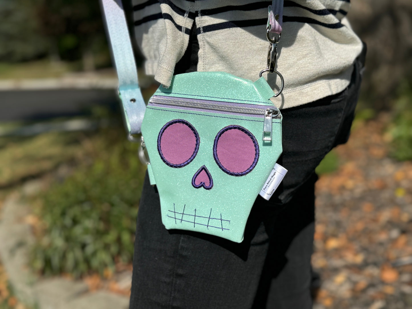 Embroidered Skull Crossbody Bag- Mint Glow In The Dark