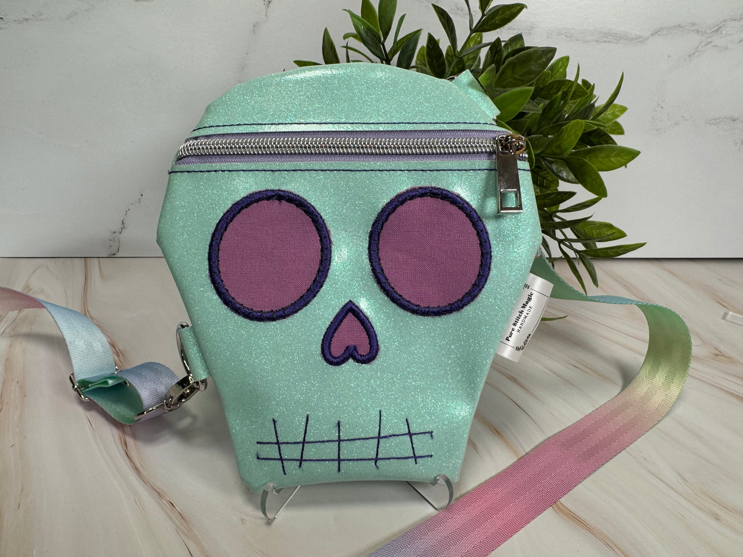 Embroidered Skull Crossbody Bag- Mint Glow In The Dark