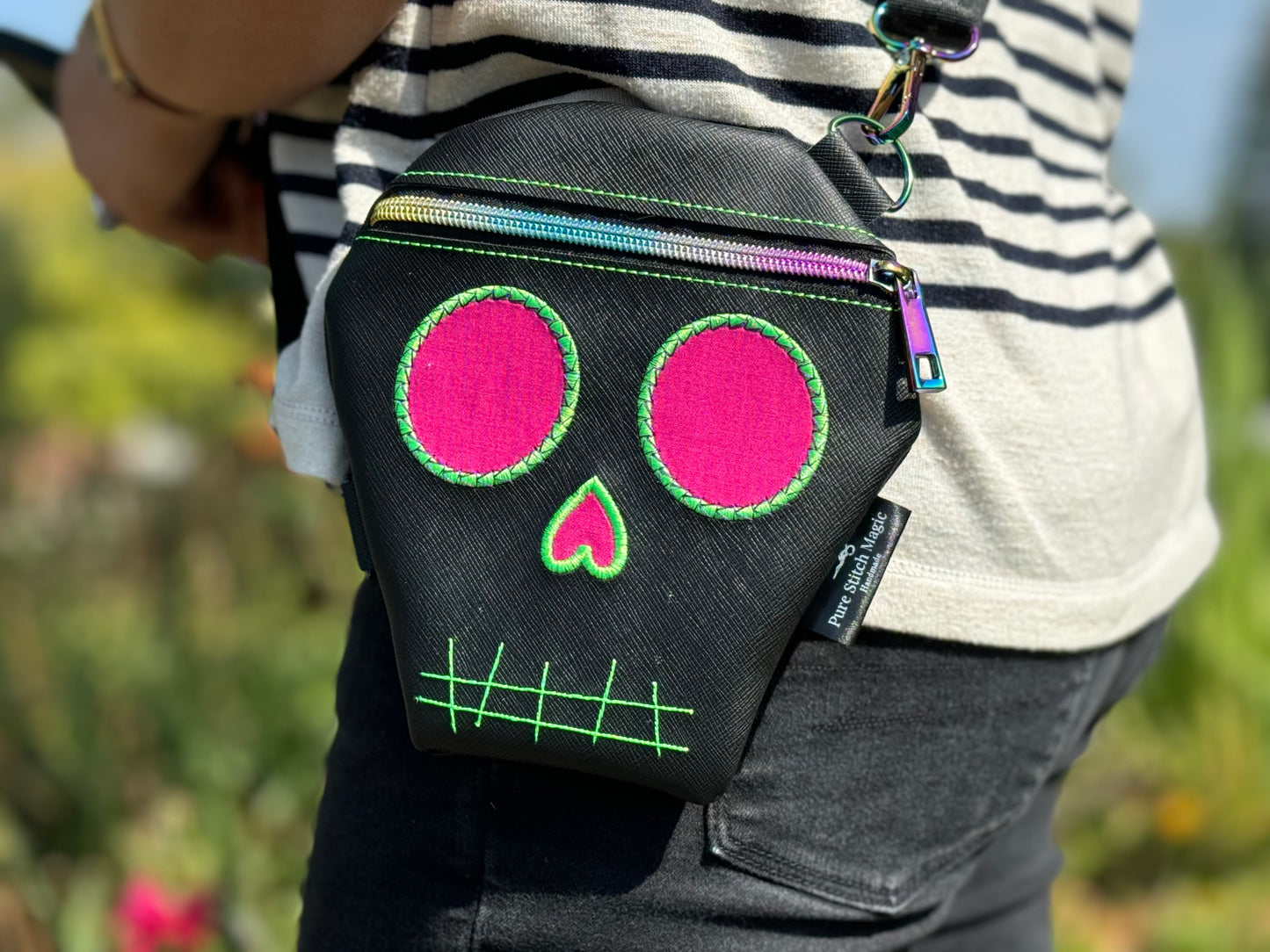 Embroidered Skull Crossbody Bag Black