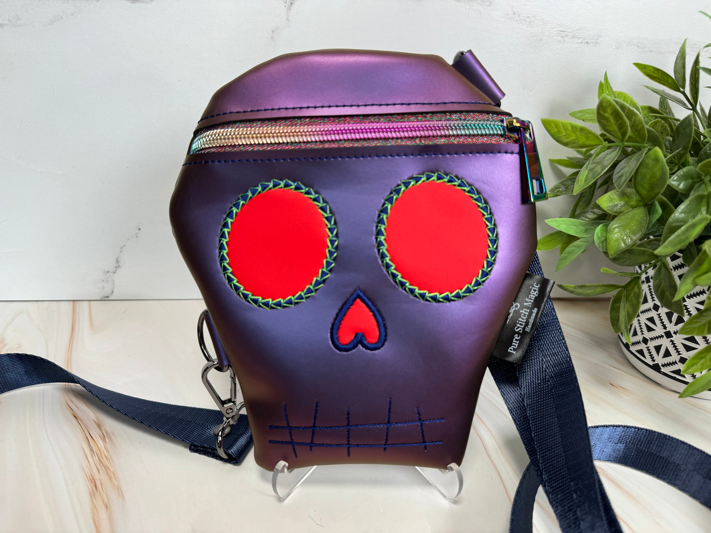 Embroidered Purple Skull Crossbody Bag