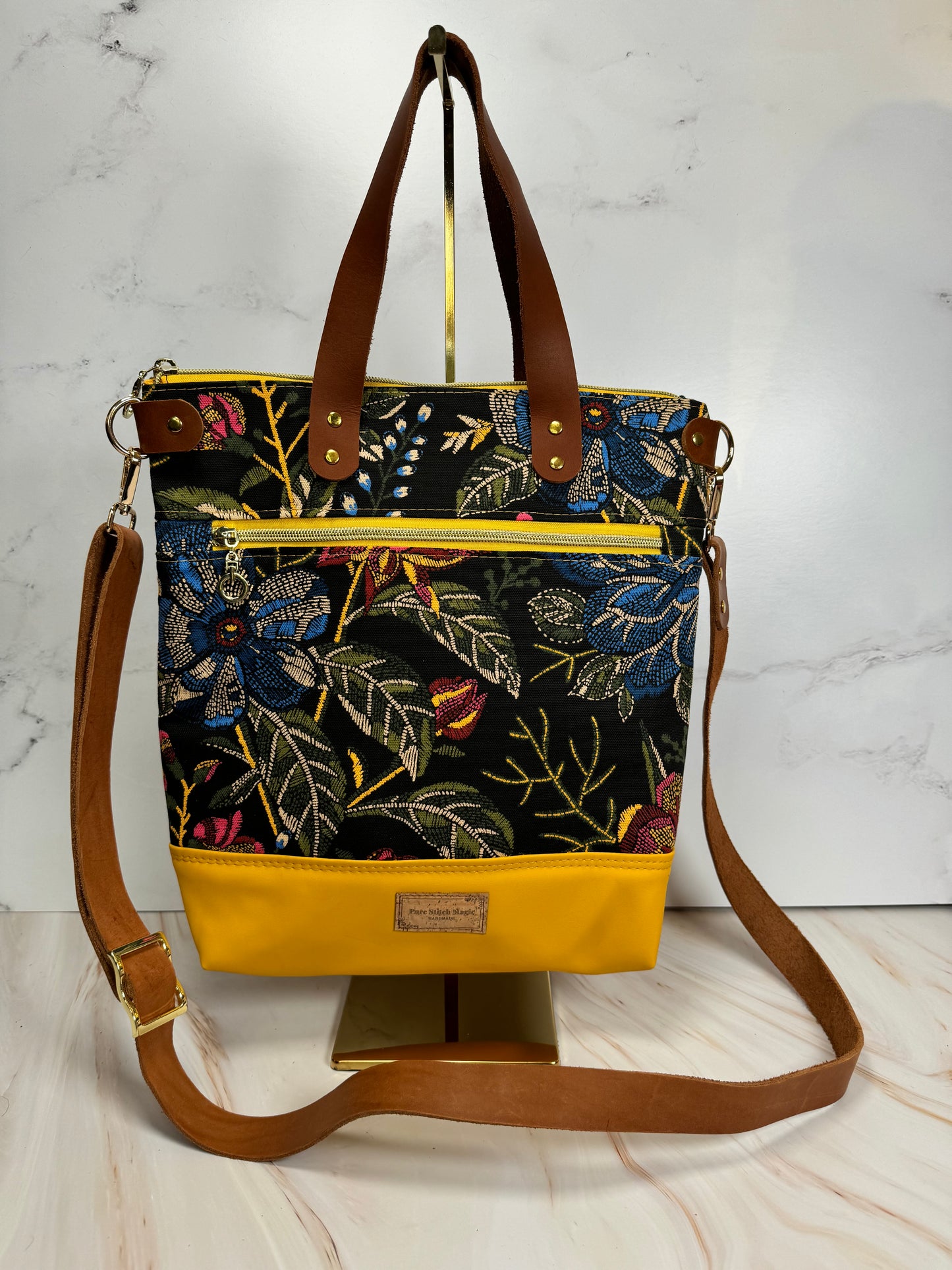 Aberdeen Tote- Embroidered Flowers Smooth Vinyl