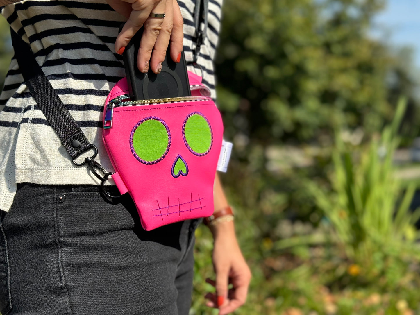 Embroidered Skull Crossbody Bag- Hot Pink