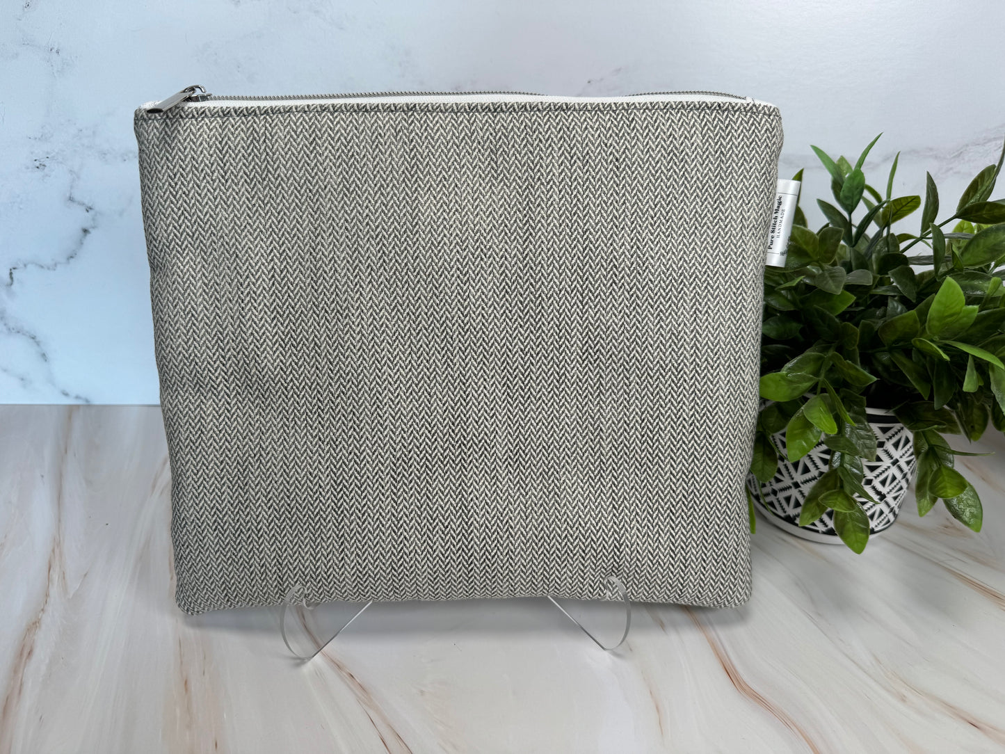 Gray Herringbone Plush Zipper Bag- Medium