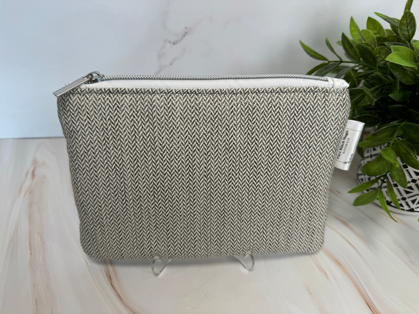 Gray Herringbone Plush Zipper Pouch