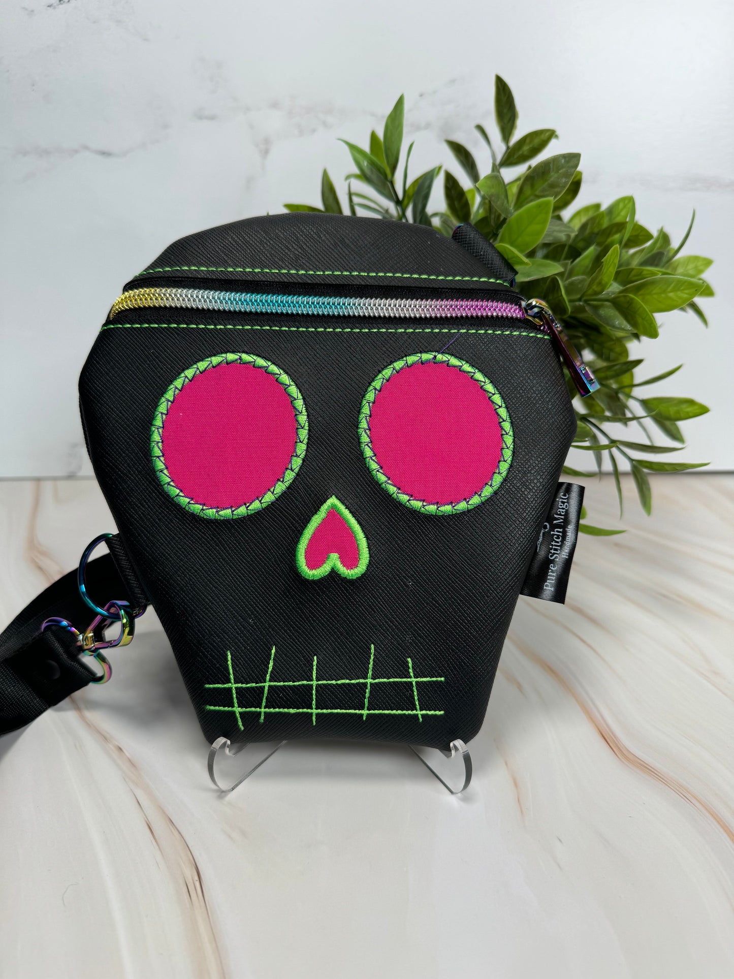 Embroidered Skull Crossbody Bag Black