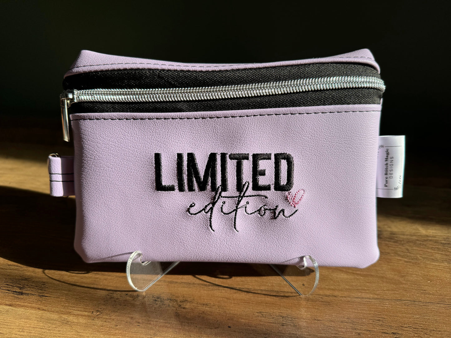 Embroidered "Limited Edition" Zipper Pouch in Lavender