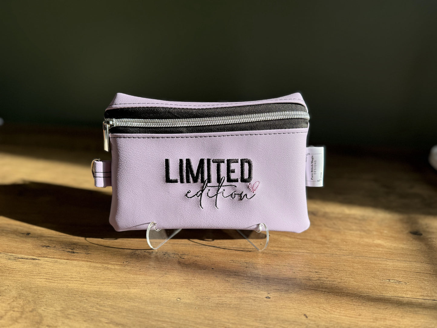Embroidered "Limited Edition" Zipper Pouch in Lavender