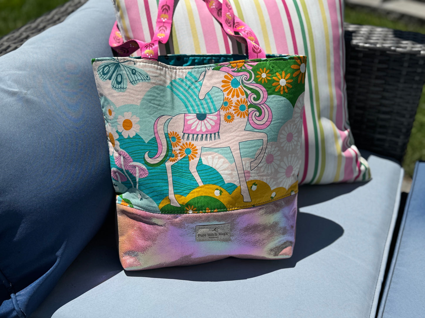 Tuesday Tote – Whimsical Horse Print Tote with Pink Shimmer Base