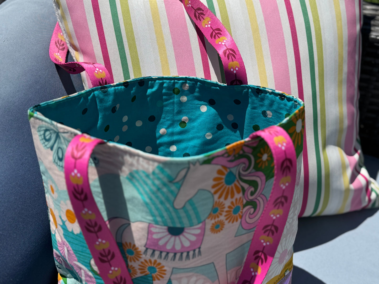Tuesday Tote – Whimsical Horse Print Tote with Pink Shimmer Base