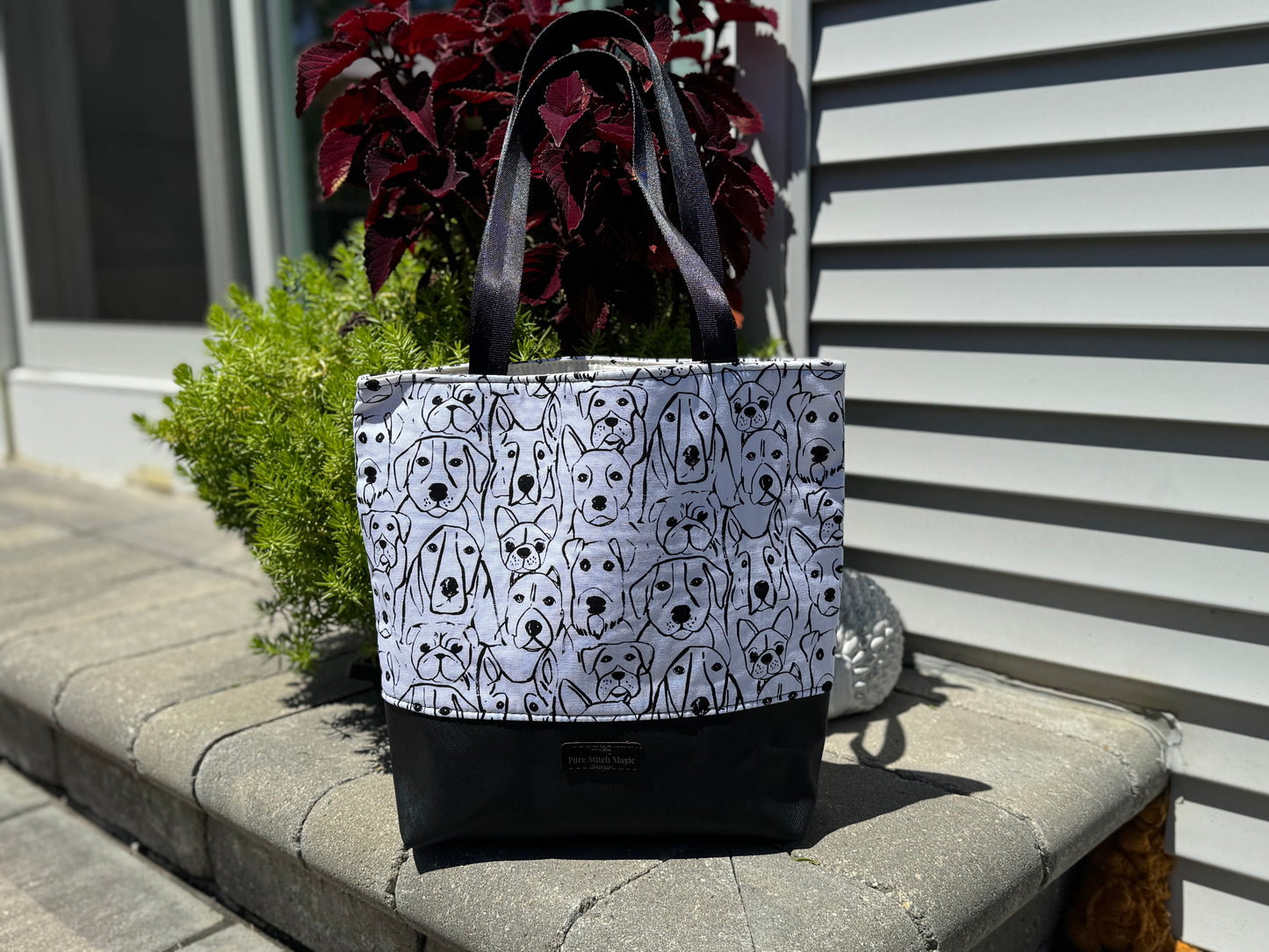 Tuesday Tote Bag - Black and White Dogs Pawprint