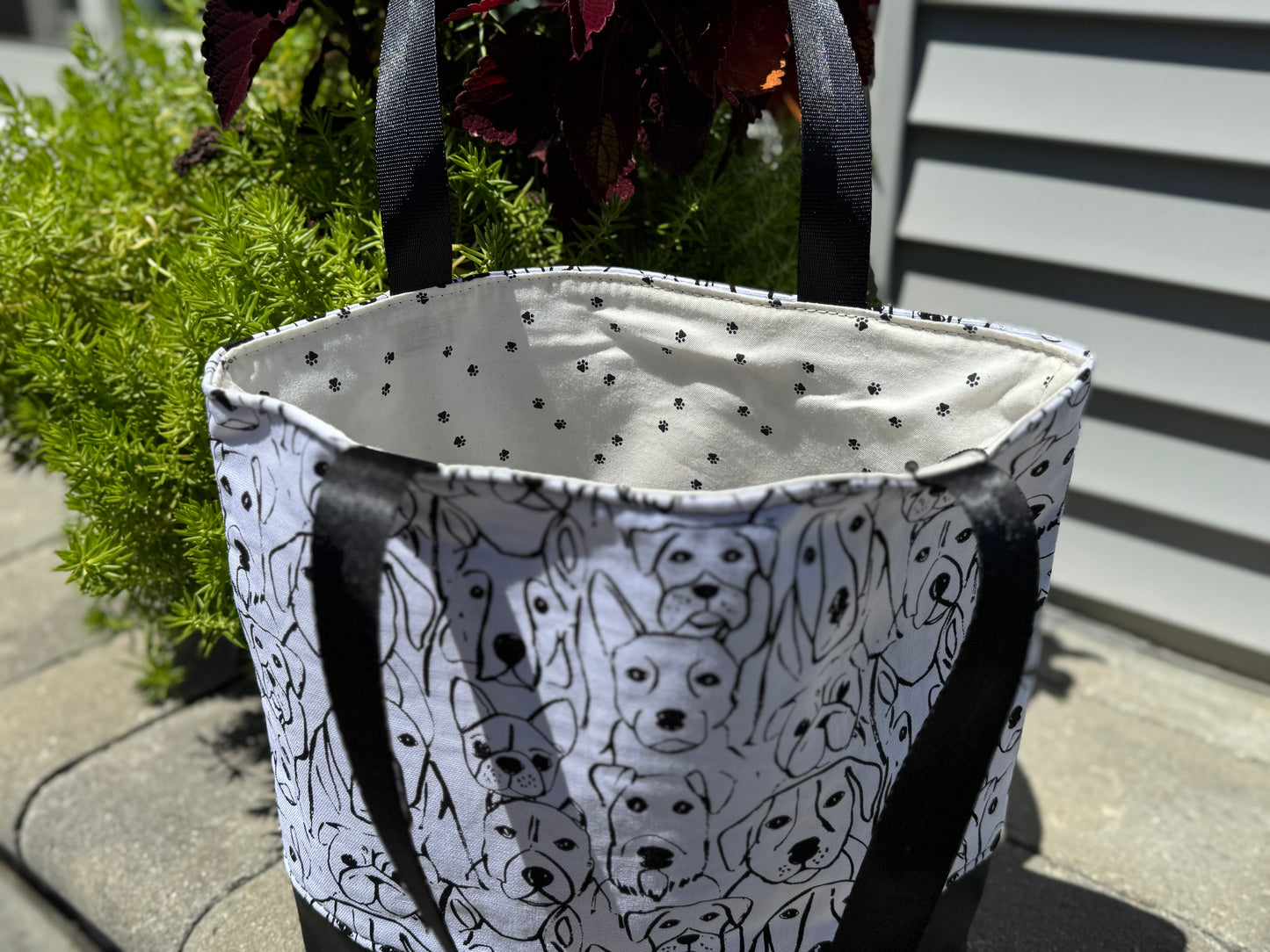 Tuesday Tote Bag - Black and White Dogs Pawprint
