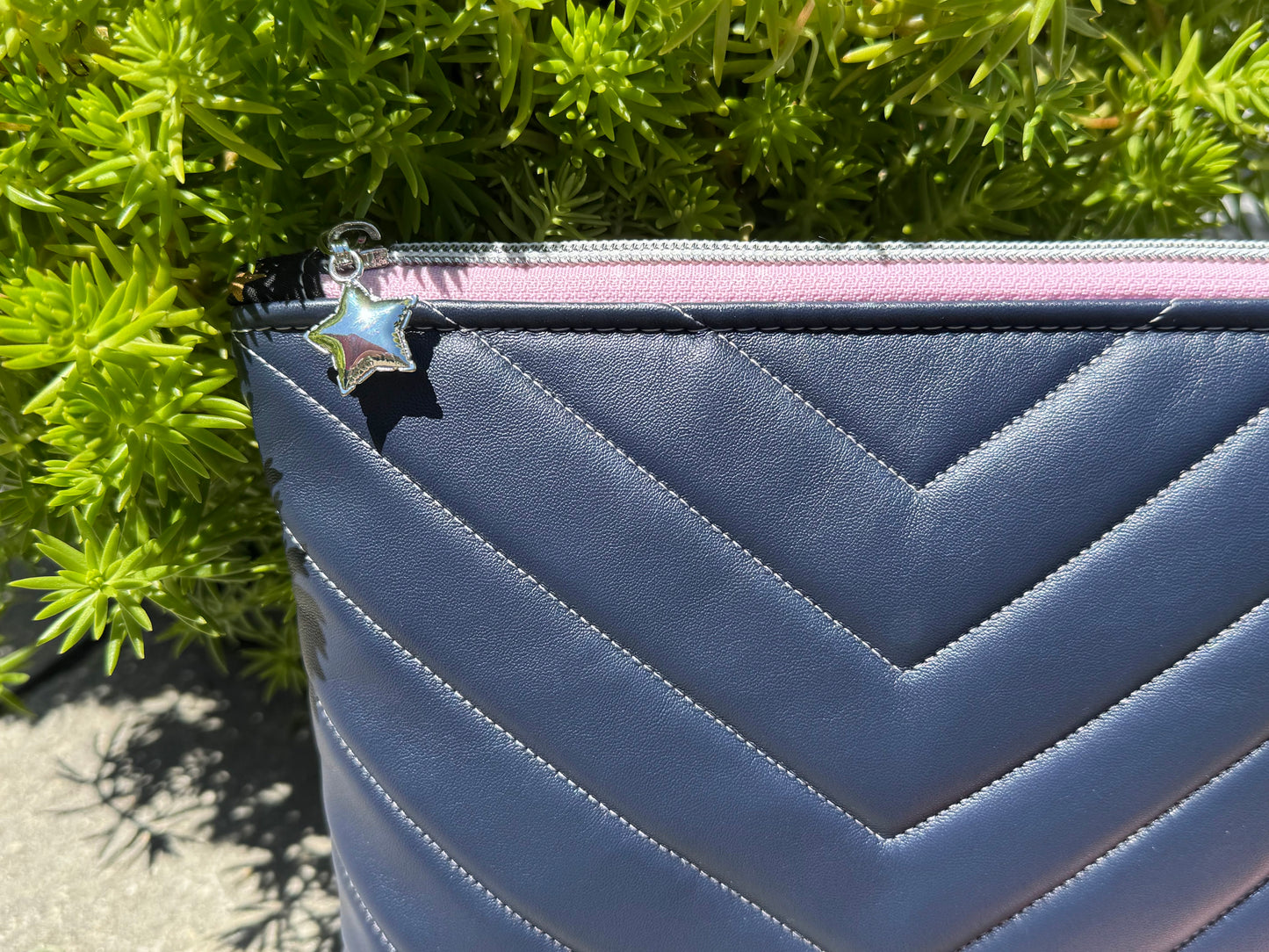 Quilted Navy Wristlet – Soft Faux Leather with Star Zipper Pull