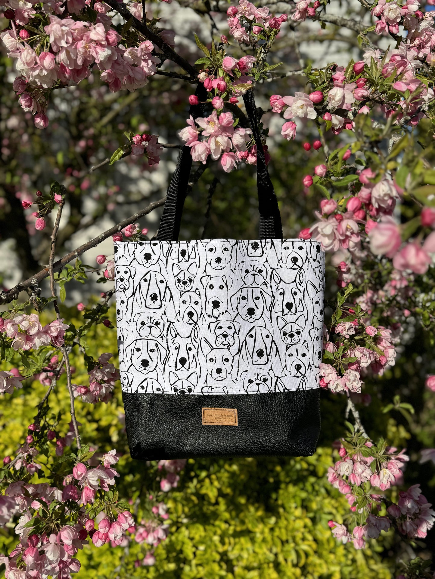 Tuesday Tote Bag - Black and White Dogs Pawprint