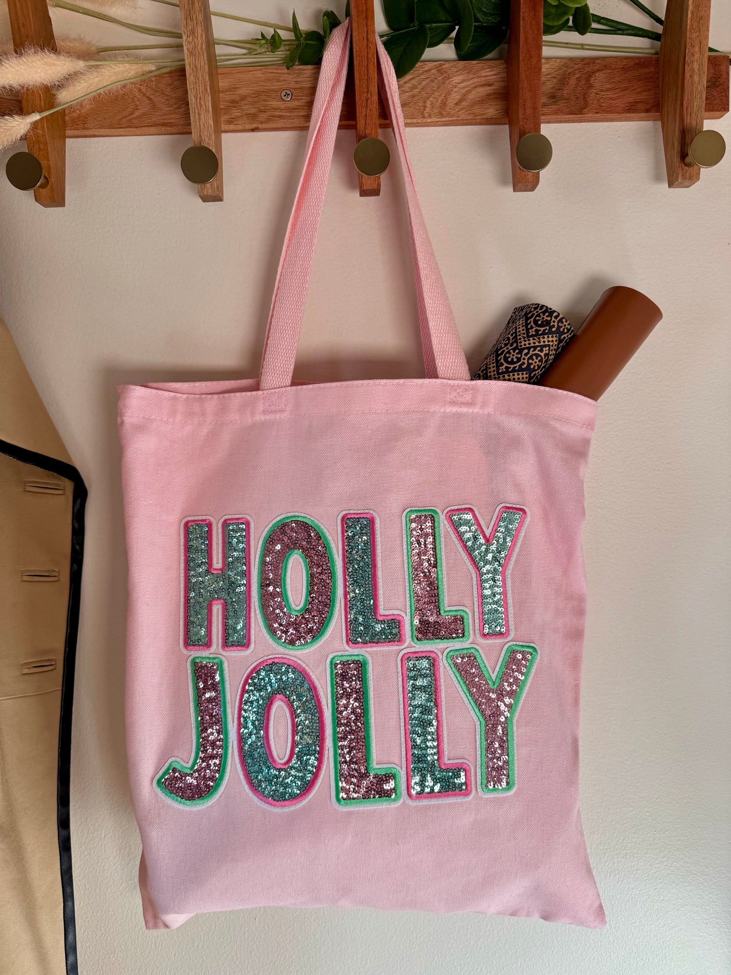 Sequins Holly Jolly Pink Tote Bag