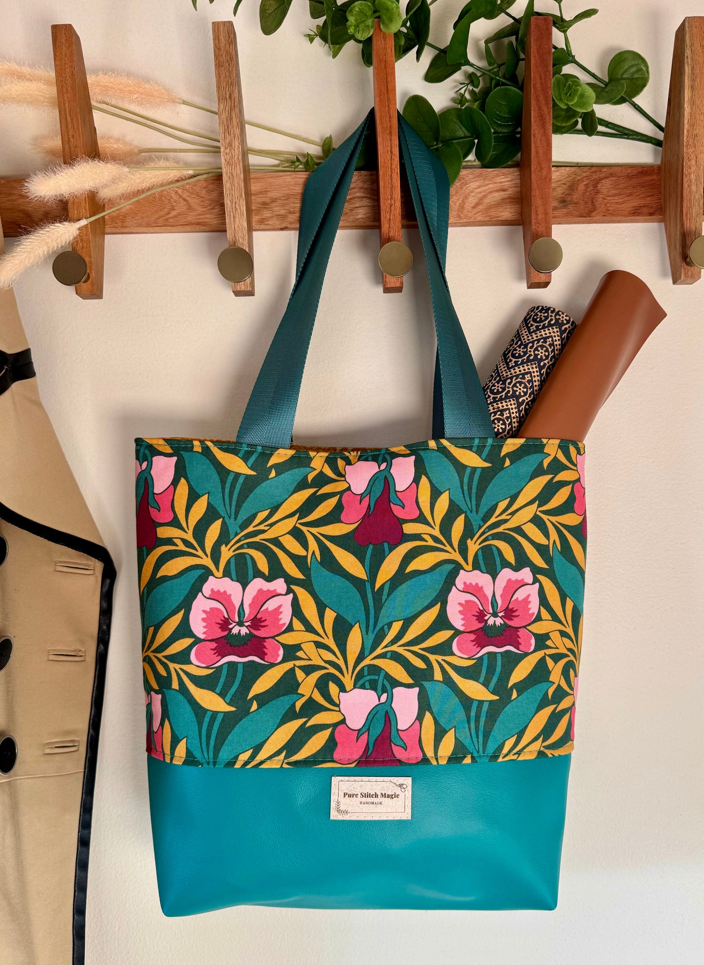 Tuesday Tote- Liberty Flowers Teal Straps