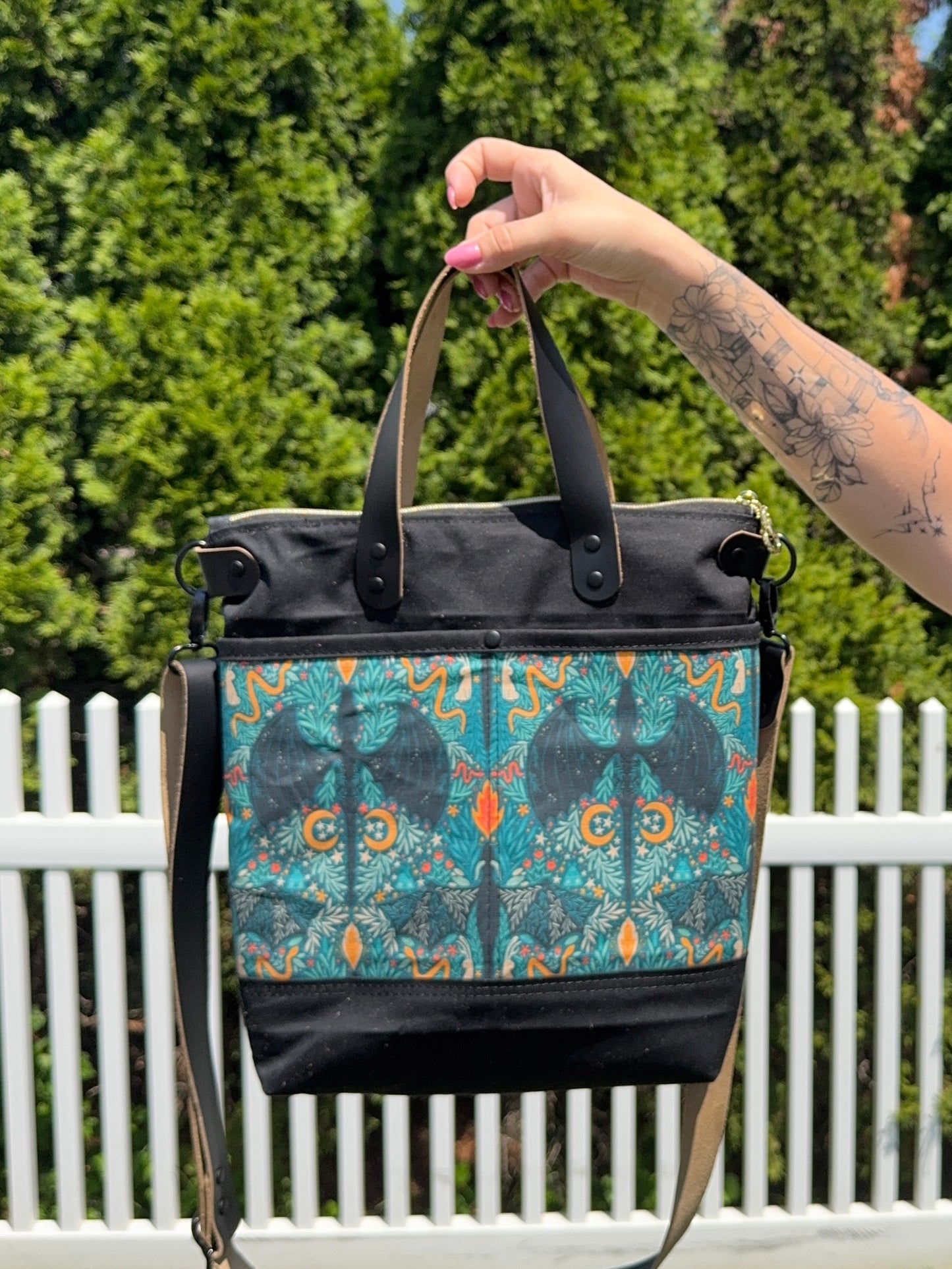 Aberdeen Tote Bag – Black Waxed Canvas with Art Nouveau Dragon Print & Leather Straps