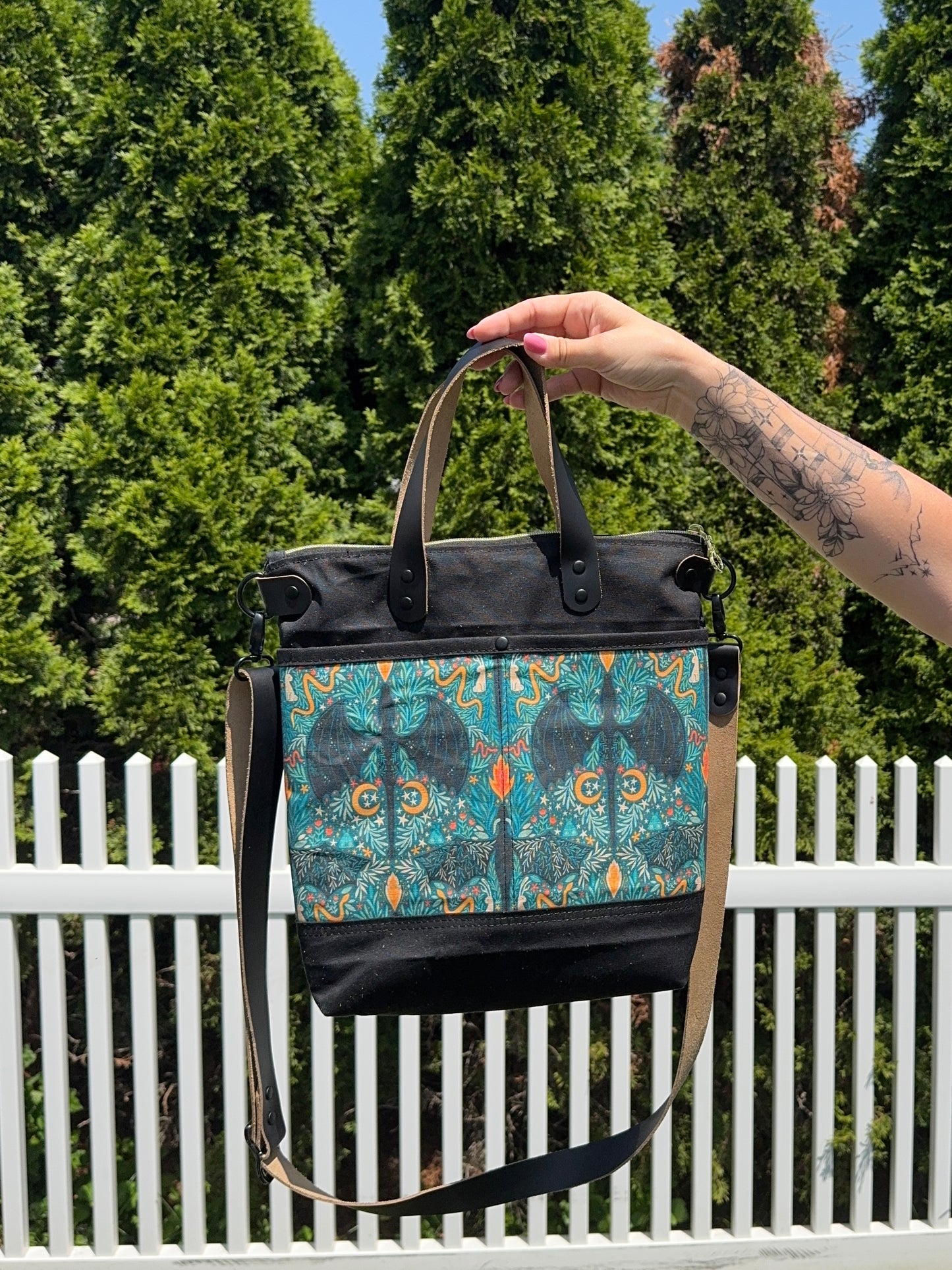 Aberdeen Tote Bag – Black Waxed Canvas with Art Nouveau Dragon Print & Leather Straps