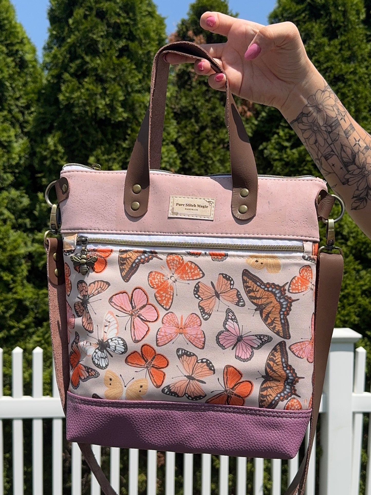 Aberdeen Tote Bag – Butterfly Canvas with Pink Cork, Purple Faux Leather & Leather Handles