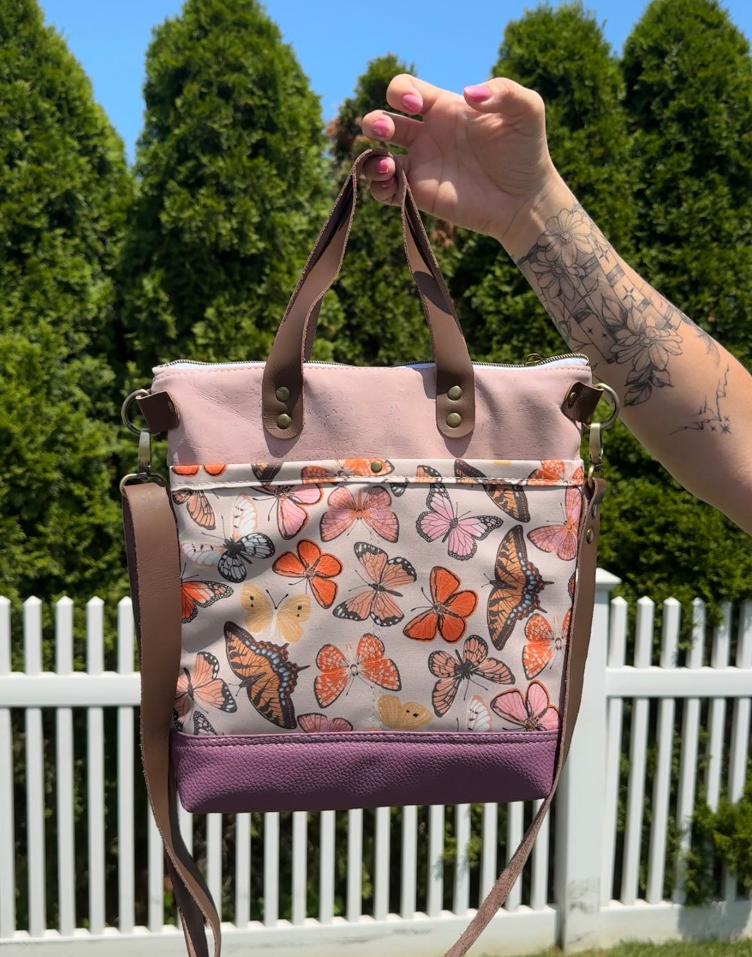 Aberdeen Tote Bag – Butterfly Canvas with Pink Cork, Purple Faux Leather & Leather Handles