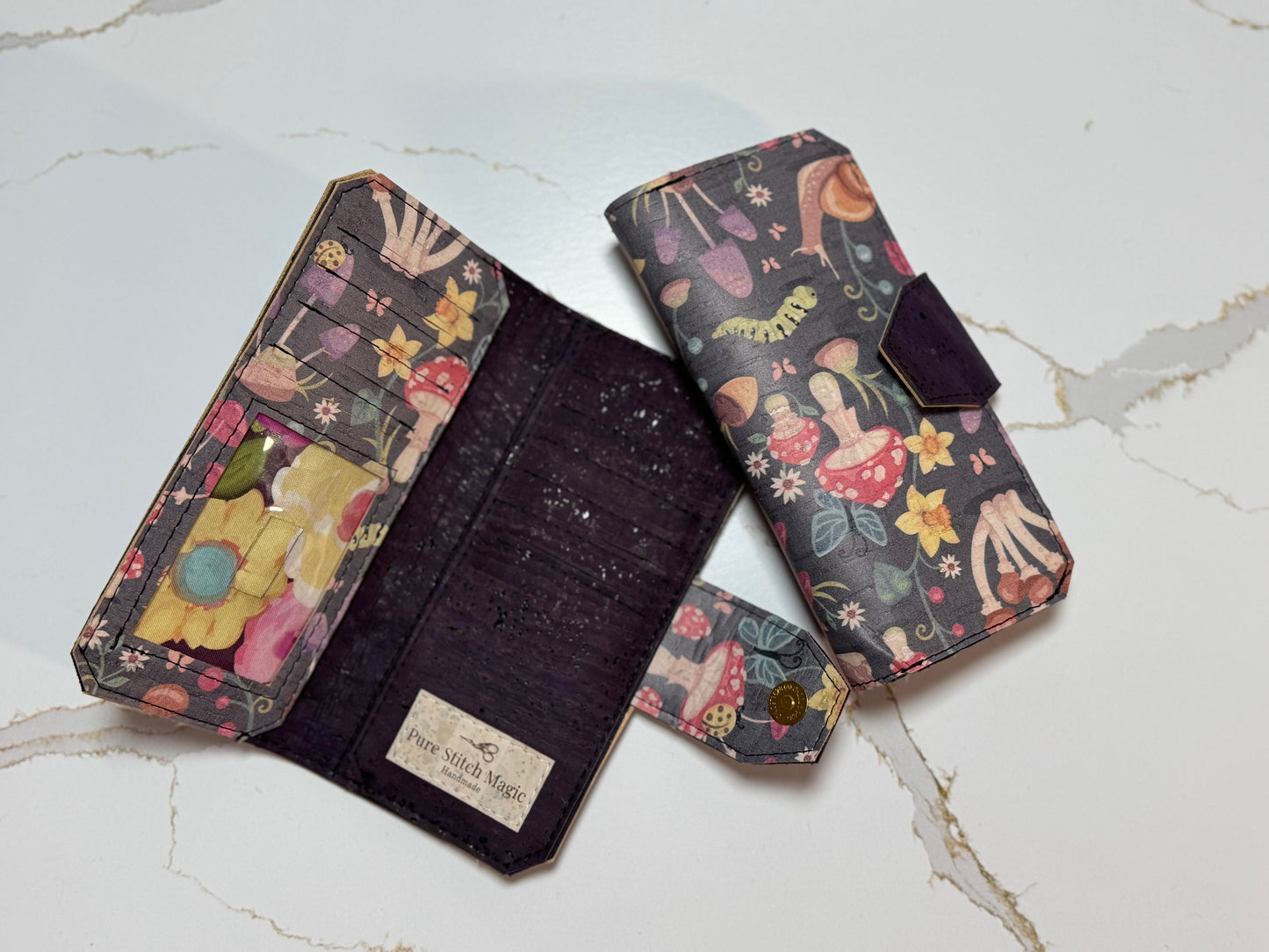 Cottage Core Cork Tall Wallet – Fold over Design with Card Slots & Zipper Pocket