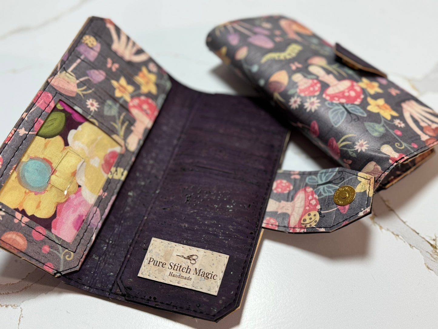 Cottage Core Cork Tall Wallet – Fold over Design with Card Slots & Zipper Pocket