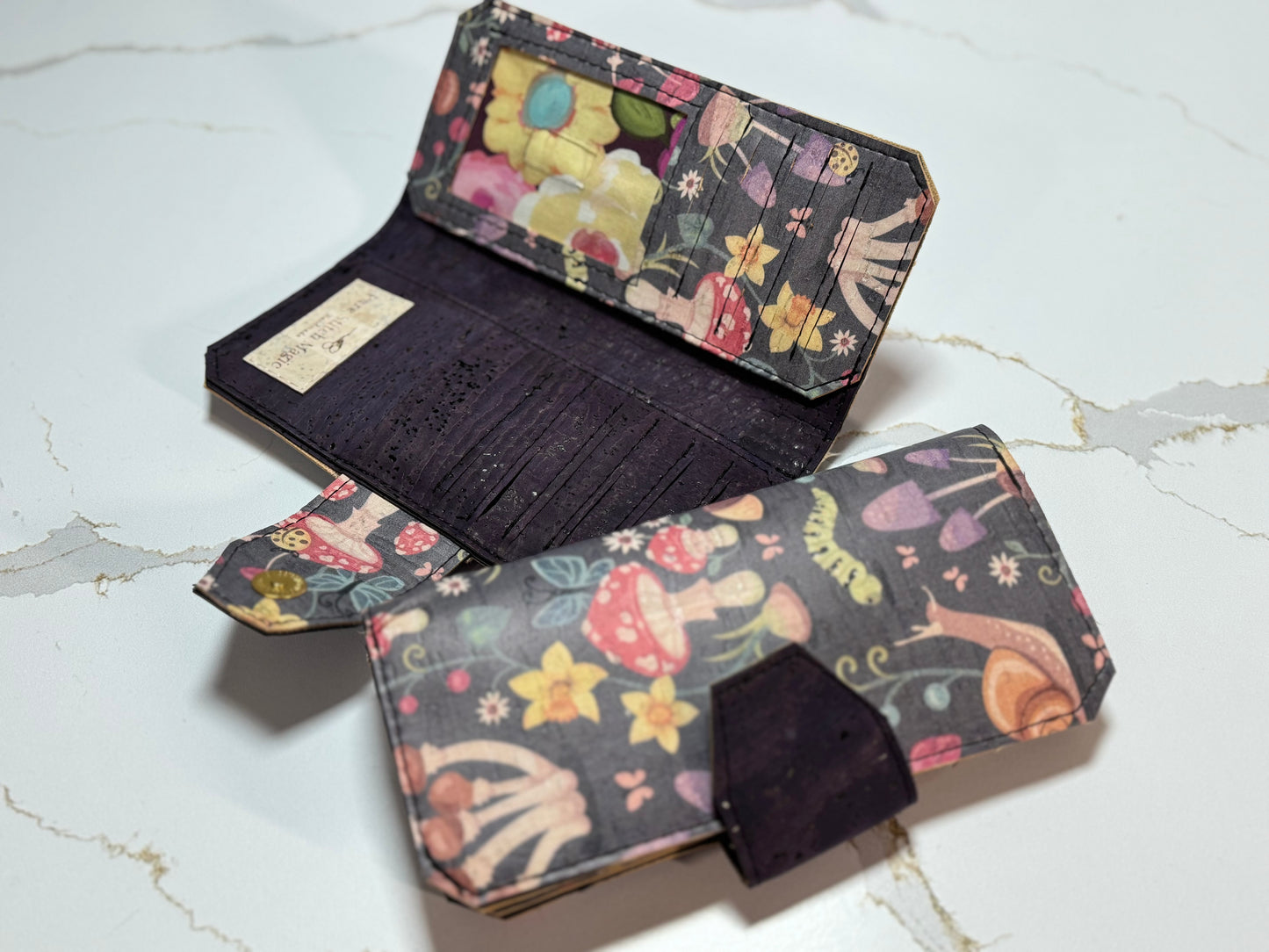 Cottage Core Cork Tall Wallet – Fold over Design with Card Slots & Zipper Pocket