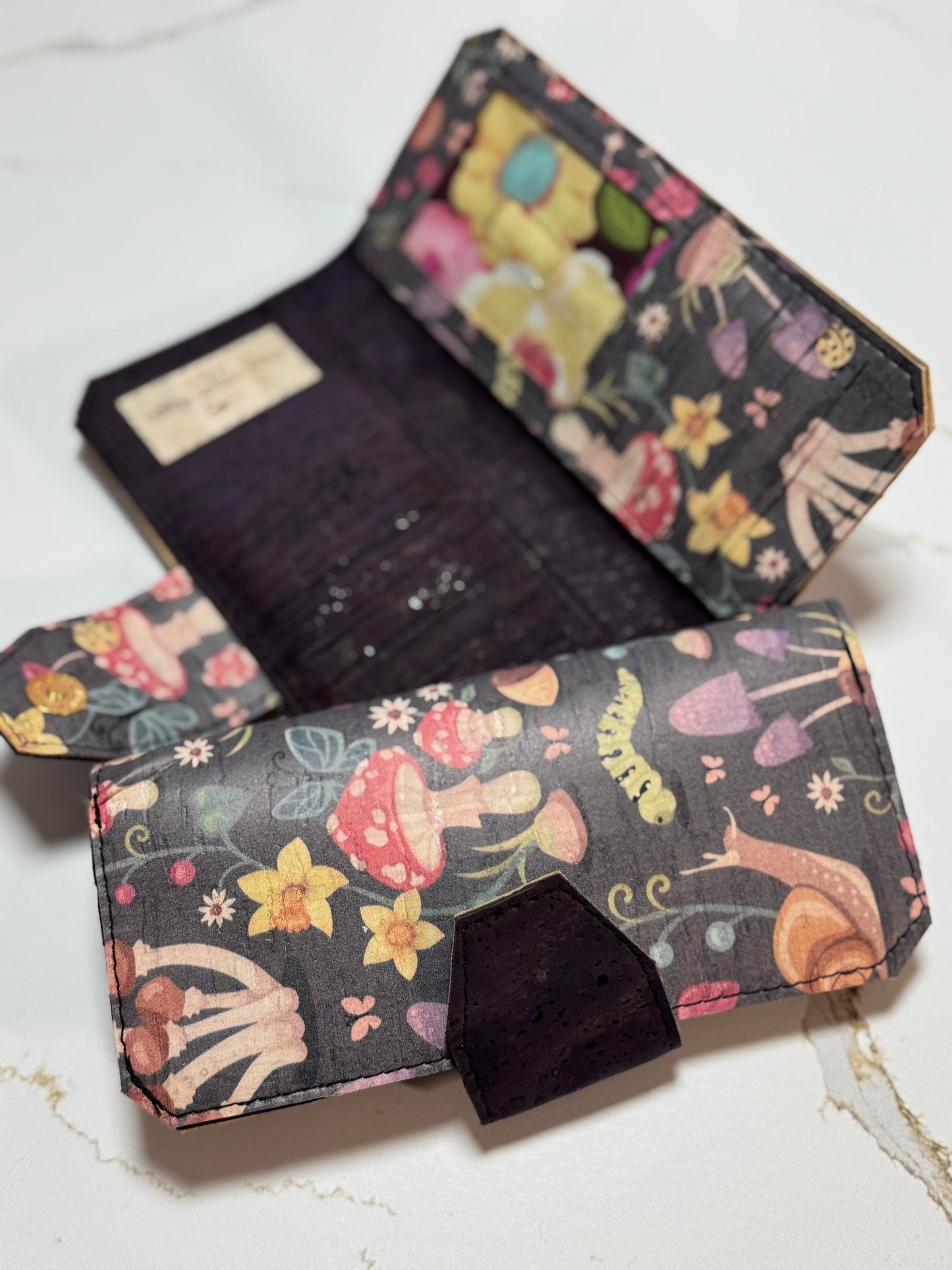 Cottage Core Cork Tall Wallet – Fold over Design with Card Slots & Zipper Pocket