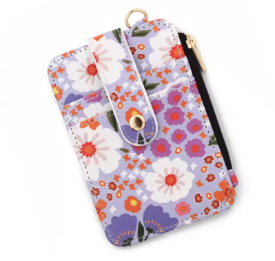 Floral Mini Card Holder Wallet with D-Ring Clip – ID Window, Zipper Pouch & Snap Closure