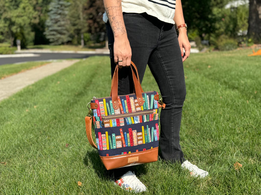 Aberdeen Tote- Navy Books with Brown Leather Accents Tote Bag Rifle Paper Co.