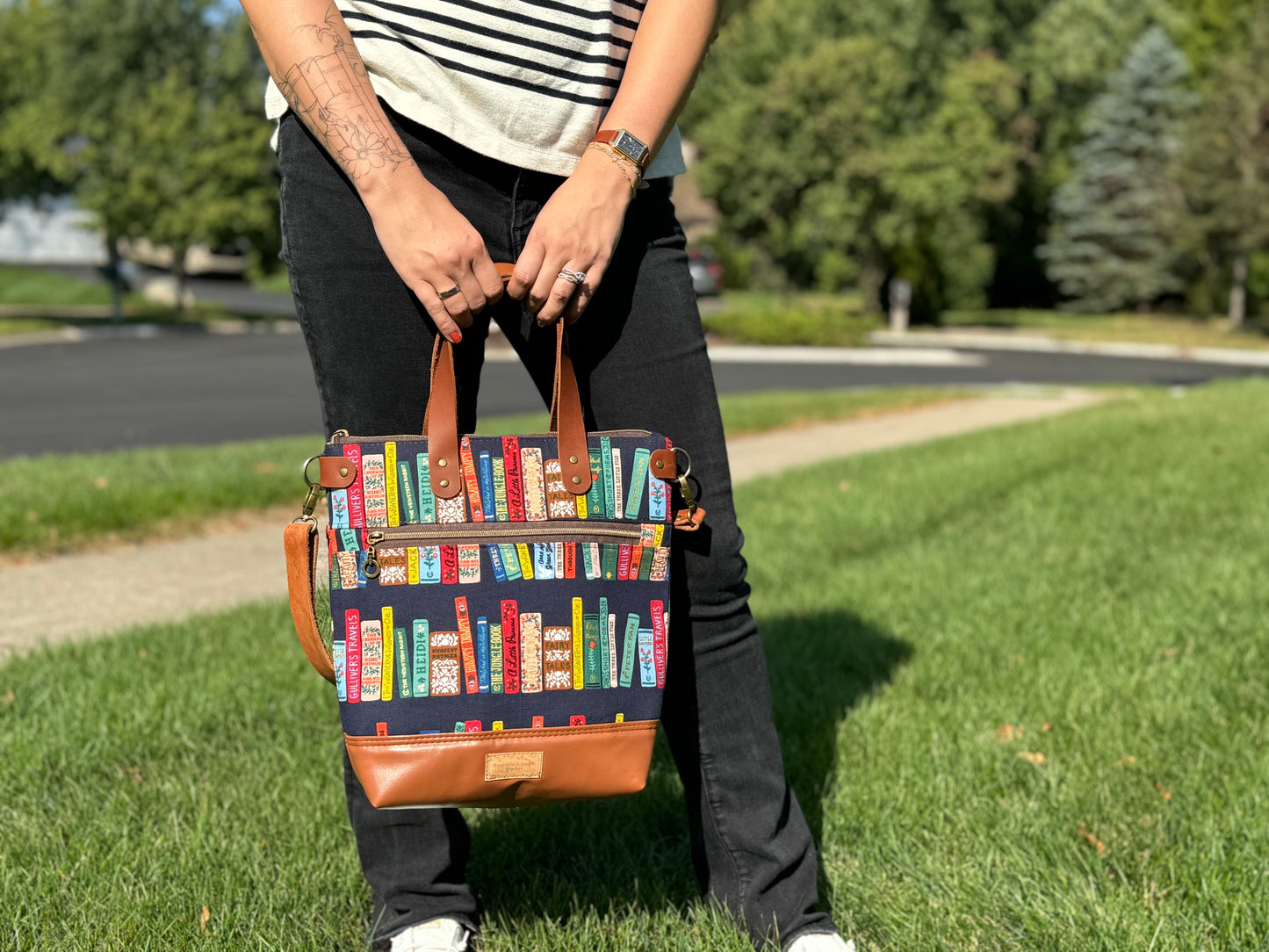 Aberdeen Tote- Navy Books with Brown Leather Accents Tote Bag Rifle Paper Co.