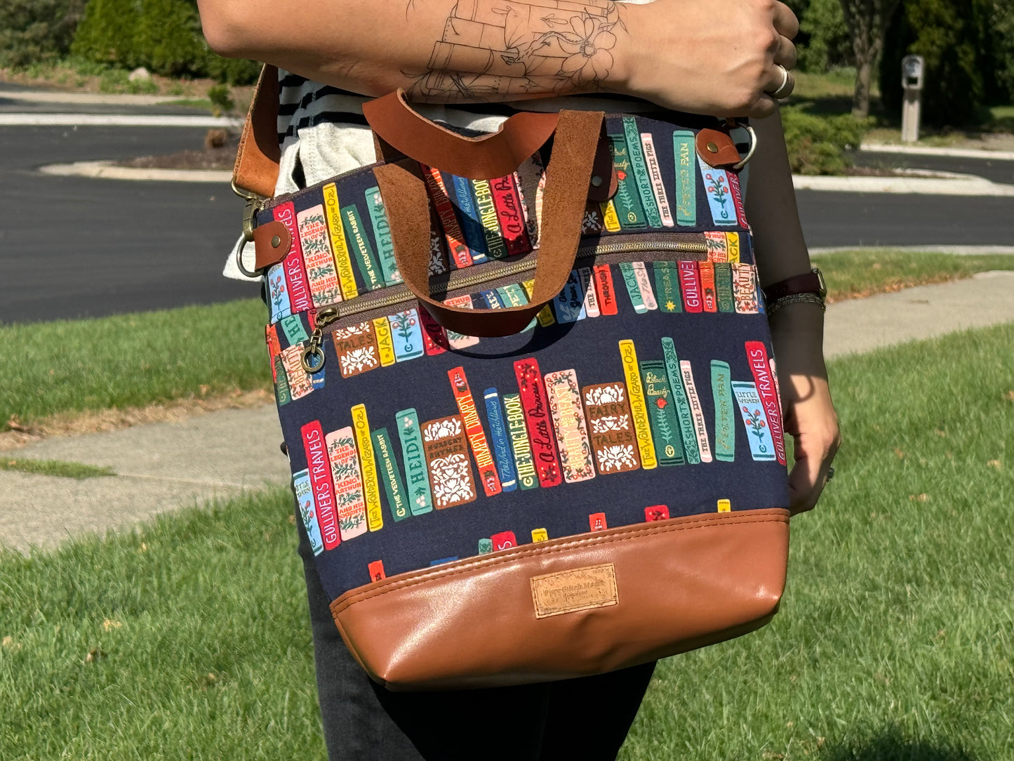 Aberdeen Tote- Navy Books with Brown Leather Accents Tote Bag Rifle Paper Co.