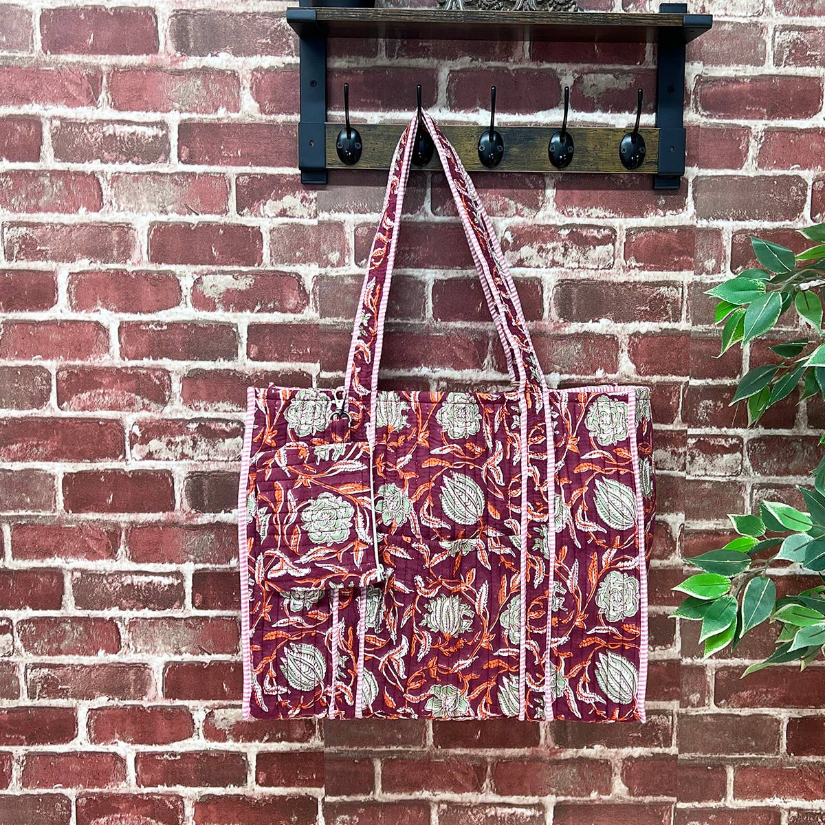 Plum Blossoms Quilted Block-Printed Tote