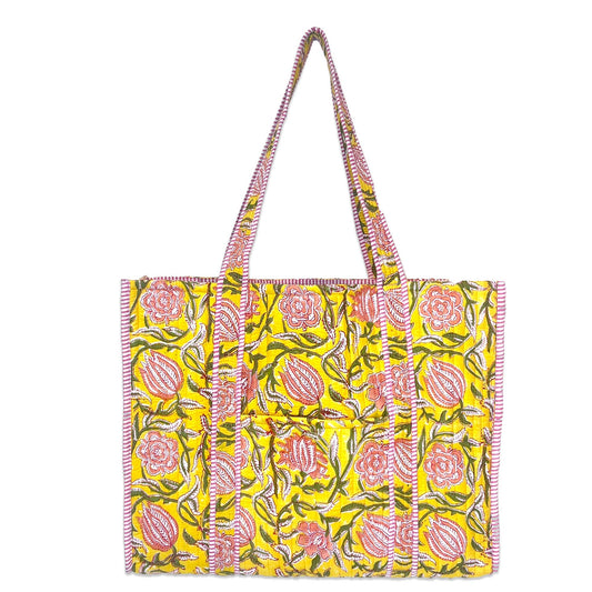 Bright Dahlias Quilted Block-Printed Tote