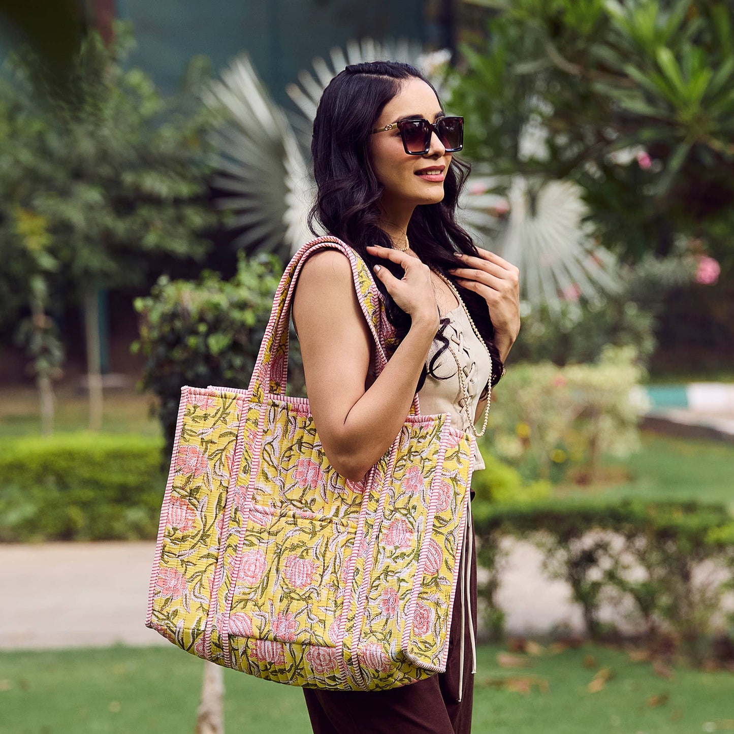 Bright Dahlias Quilted Block-Printed Tote