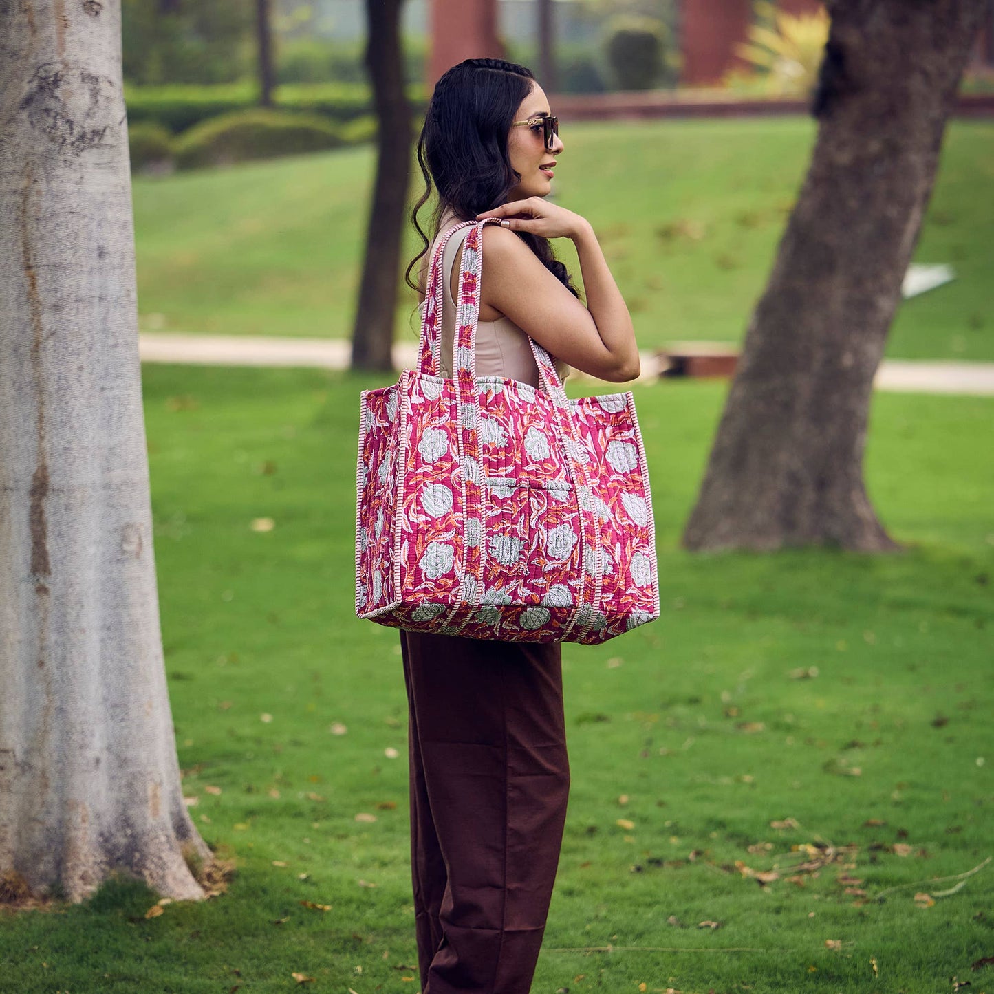 Plum Blossoms Quilted Block-Printed Tote