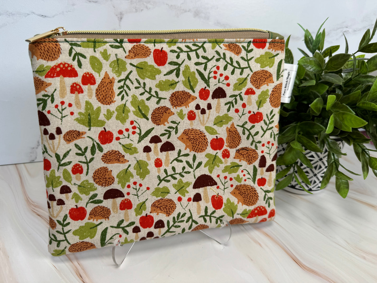 Whimsical Hedgehog & Mushroom Flat Zipper Pouch