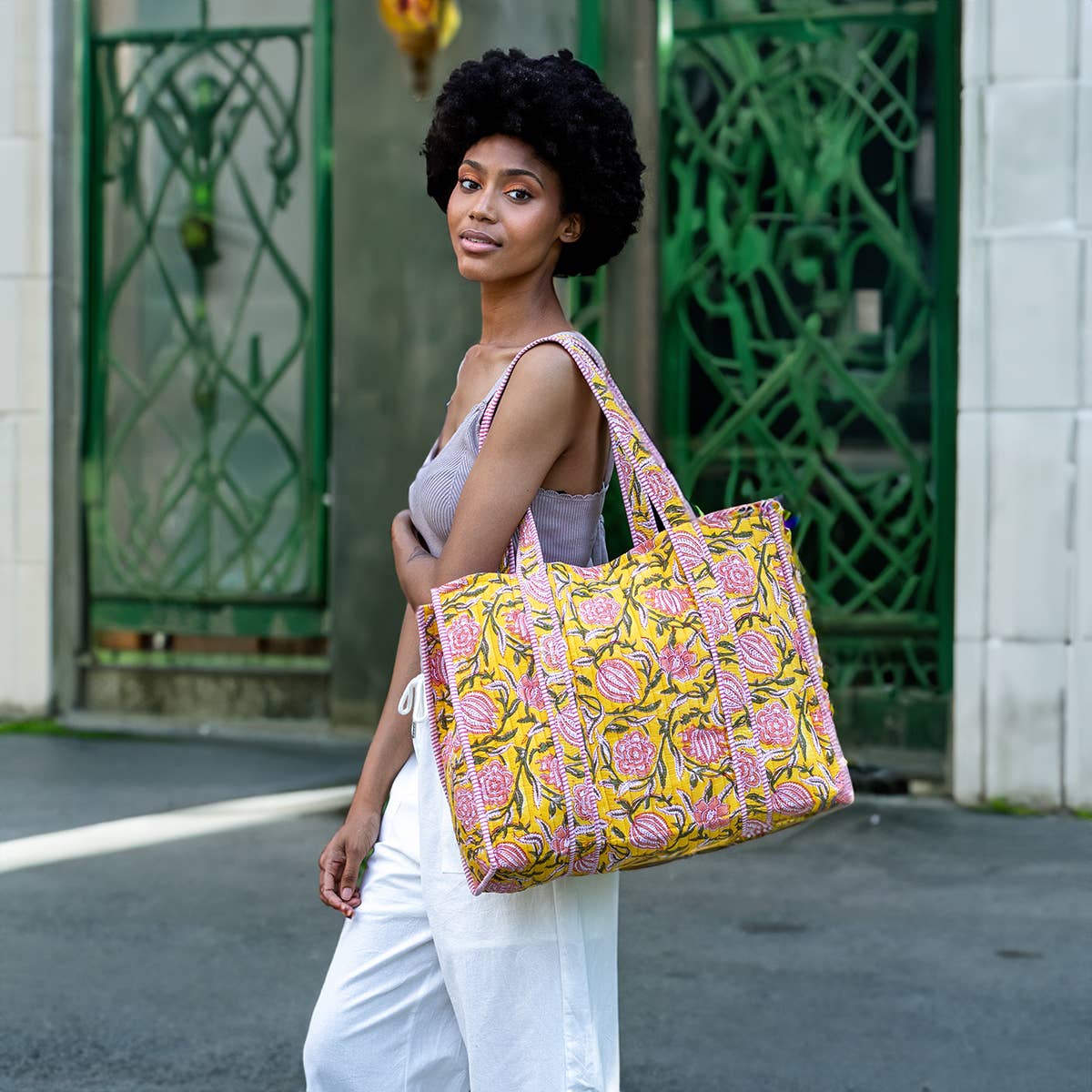 Bright Dahlias Quilted Block-Printed Tote