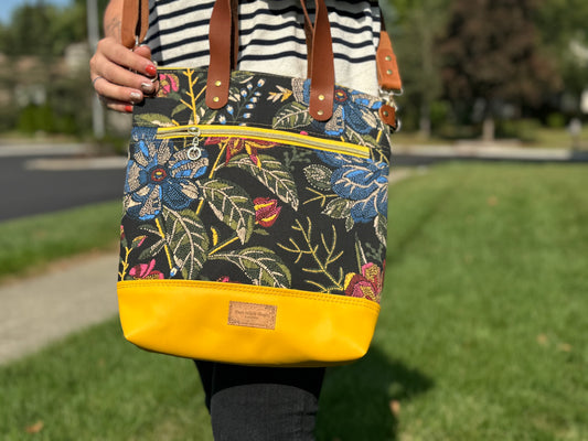 Aberdeen Tote- Embroidered Flowers Smooth Vinyl