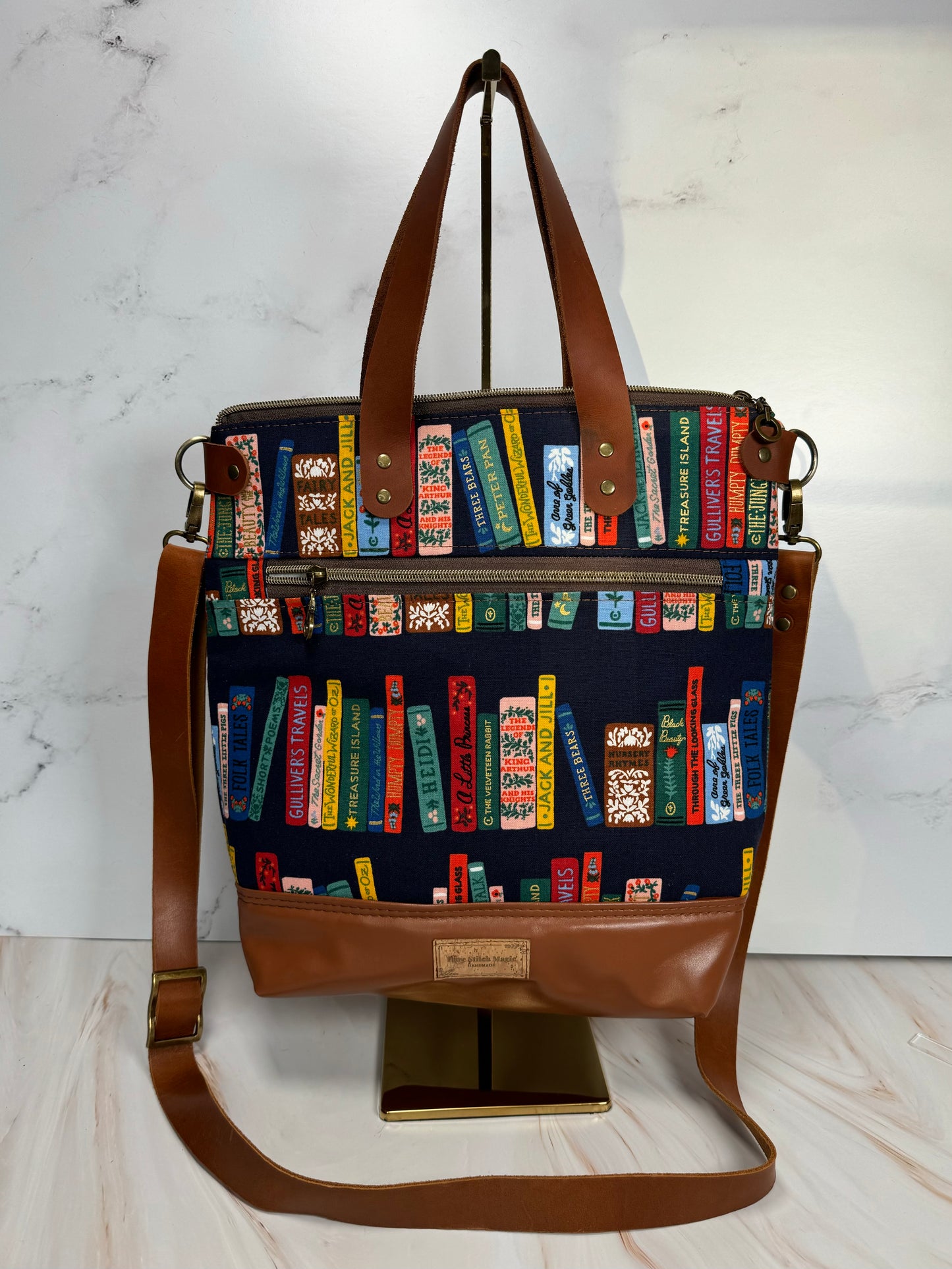 Aberdeen Tote- Navy Books with Brown Leather Accents Tote Bag Rifle Paper Co.