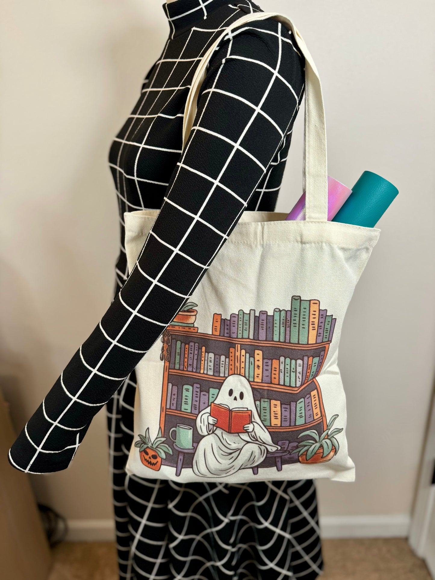 Spooky Ghost Bookshelf Tote Bag