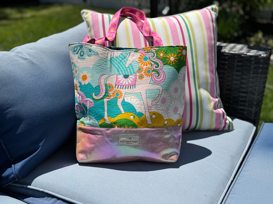 Tuesday Tote – Whimsical Horse Print Tote with Pink Shimmer Base