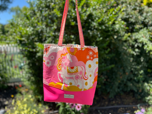 Tuesday Tote – Retro Horse Print Tote with Hot Pink Vinyl Base