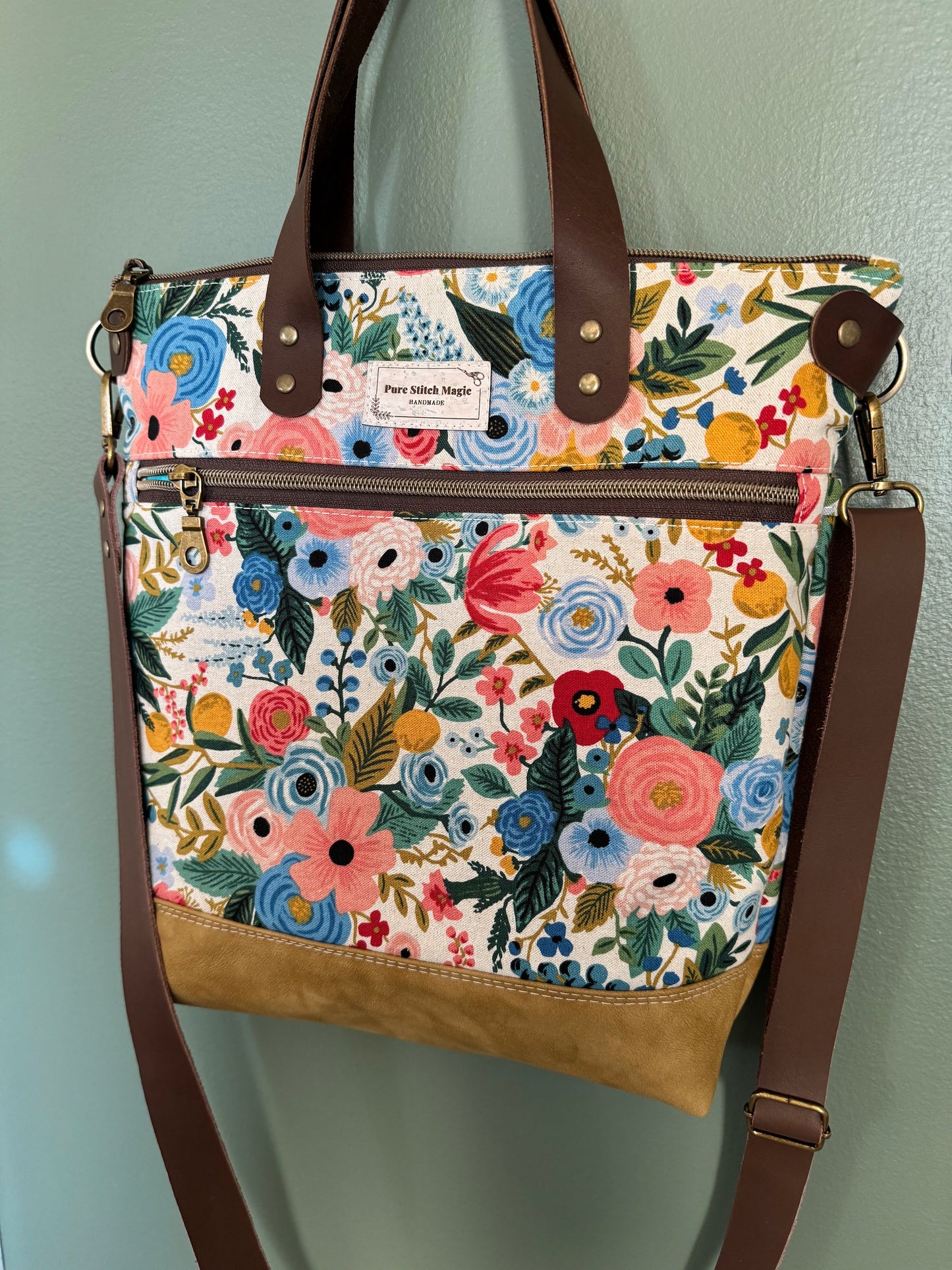 Aberdeen Tote- Canvas and Suede Blue Wildflower Garden Party Tote Bag