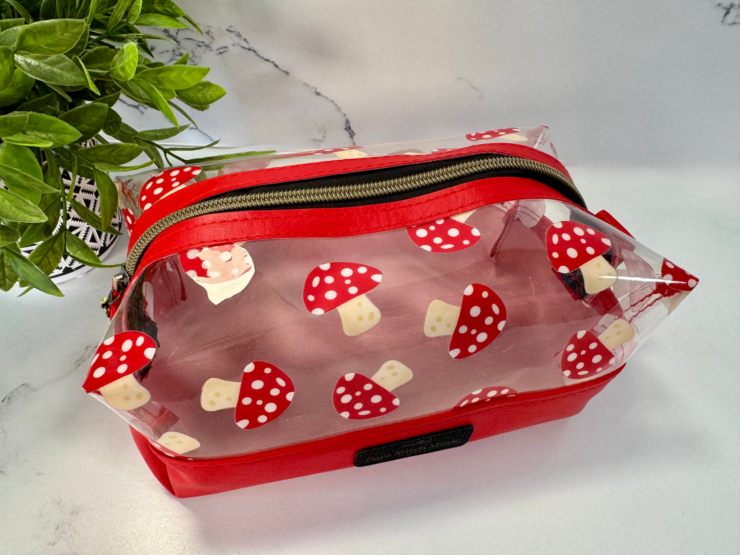 Mushroom Vinyl Zipper Boxy Bag – Red Faux Leather Base