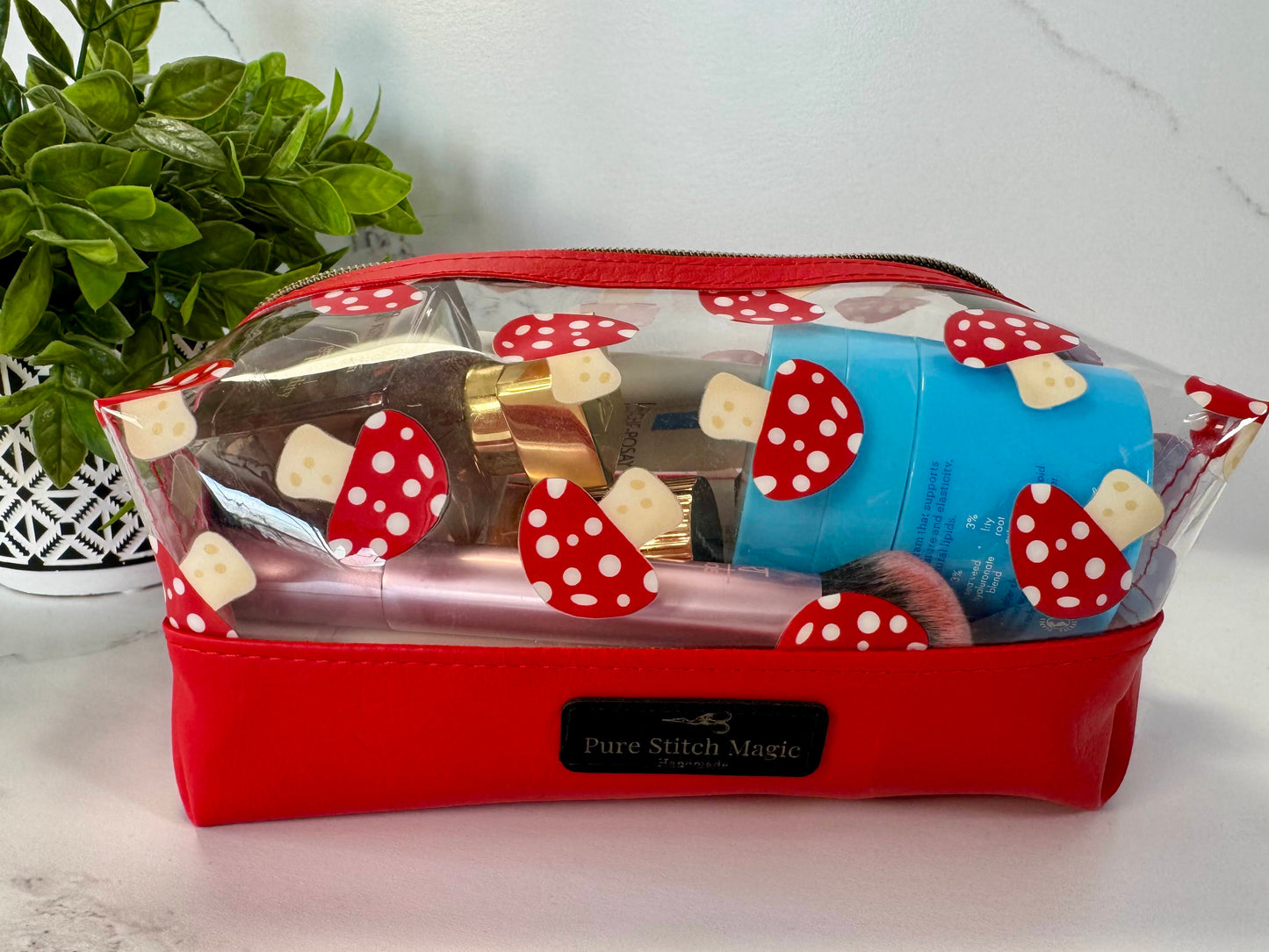 Mushroom Vinyl Zipper Boxy Bag – Red Faux Leather Base