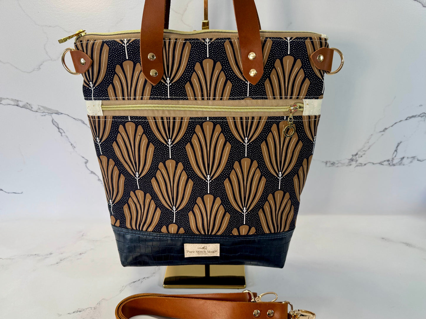 Aberdeen Tote – Art Deco Leaf in Brown & Navy Croc